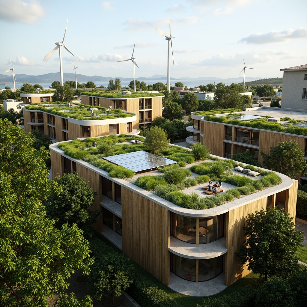 Prompt: Eco-friendly buildings, lush green roofs, solar panels, wind turbines, rainwater harvesting systems, natural ventilation, recycled materials, bamboo facades, living walls, organic shapes, curved lines, earthy tones, serene atmosphere, soft natural lighting, shallow depth of field, 3/4 composition, panoramic view, realistic textures, ambient occlusion.