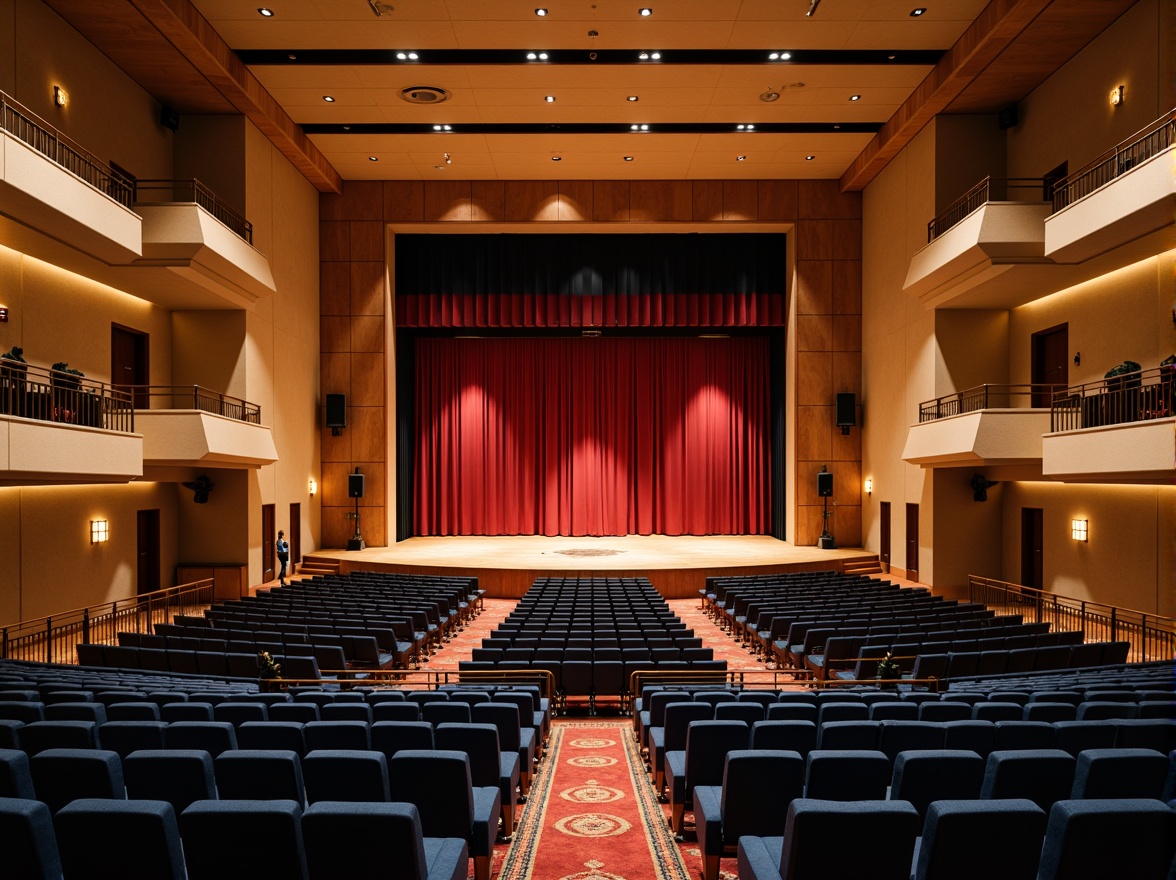 Prompt: Elegant auditorium interior, rich wood tones, warm beige walls, deep blue seats, golden accents, subtle lighting, dramatic stage presence, crimson red curtains, polished metal railings, sophisticated sound systems, acoustic panels, plush carpets, comfortable seating arrangements, intimate atmosphere, soft warm glow, shallow depth of field, 2/3 composition, realistic textures, ambient occlusion.