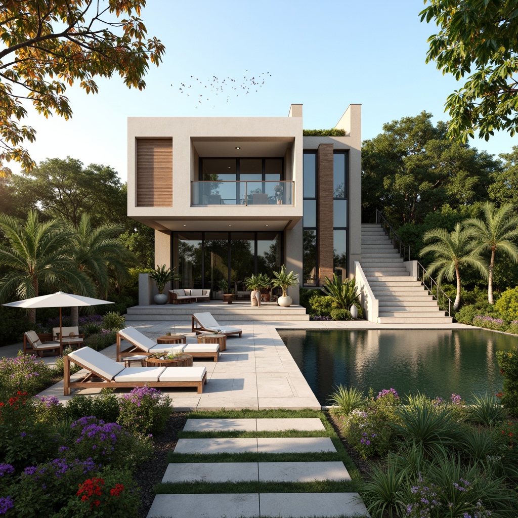 Prompt: Luxurious villa, modernist architecture, sleek lines, minimalist design, large windows, sliding glass doors, polished concrete floors, exposed steel beams, wooden accents, natural stone walls, green roofs, solar panels, eco-friendly materials, innovative cooling systems, shaded outdoor spaces, misting systems, infinity pools, lush greenery, vibrant flowers, tropical plants, warm sunny day, soft warm lighting, shallow depth of field, 3/4 composition, panoramic view, realistic textures, ambient occlusion.