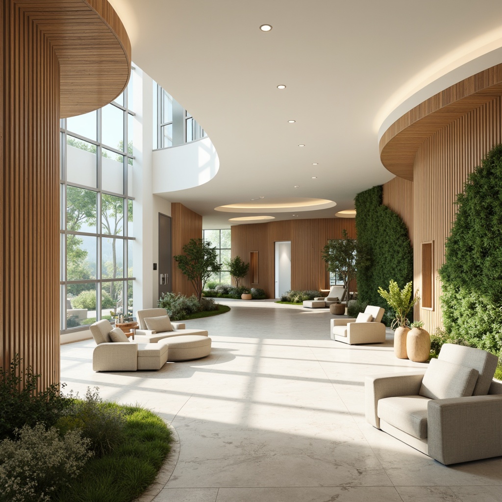 Prompt: Soothing healthcare facility, calming atmosphere, gentle curves, natural wood accents, soft pastel colors, creamy whites, pale blues, muted greens, warm beige tones, comforting textiles, plush furnishings, serene water features, lush green walls, abundant natural light, subtle gradient effects, shallow depth of field, 1/1 composition, realistic reflections, ambient occlusion.