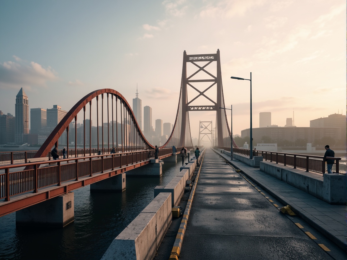 Prompt: Rustic vehicular bridge, steel arches, suspension cables, concrete piers, asphalt roadways, metallic railings, urban cityscape, misty morning fog, soft warm lighting, shallow depth of field, 3/4 composition, panoramic view, realistic textures, ambient occlusion.