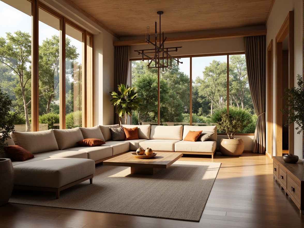 Prompt: Cozy living room, plush sofas, warm beige walls, rich wood flooring, soft golden lighting, comfortable throw pillows, modern minimalist decor, large windows, natural daylight, lush greenery views, elegant chandeliers, sophisticated color palette, calming atmosphere, shallow depth of field, 1/1 composition, realistic textures, ambient occlusion.