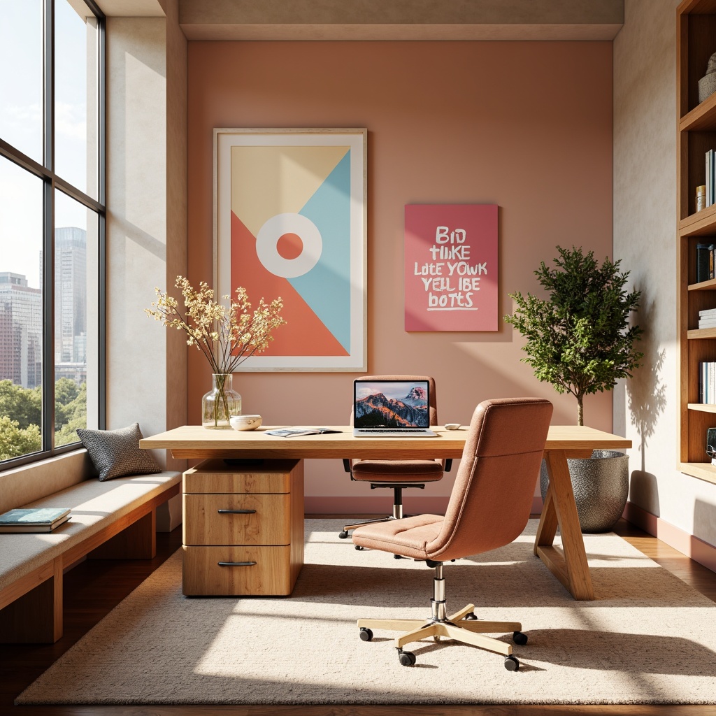 Prompt: Vibrant design studio, modern minimalist interior, sleek wooden desk, ergonomic chair, colorful artwork, inspirational quotes, natural light pouring in, large windows, urban cityscape view, warm beige walls, rich brown furniture, pastel pink accents, soft peach tones, creamy whites, bold typography, geometric patterns, abstract shapes, 3D visualizations, atmospheric lighting, shallow depth of field, 2/3 composition, realistic textures, ambient occlusion.