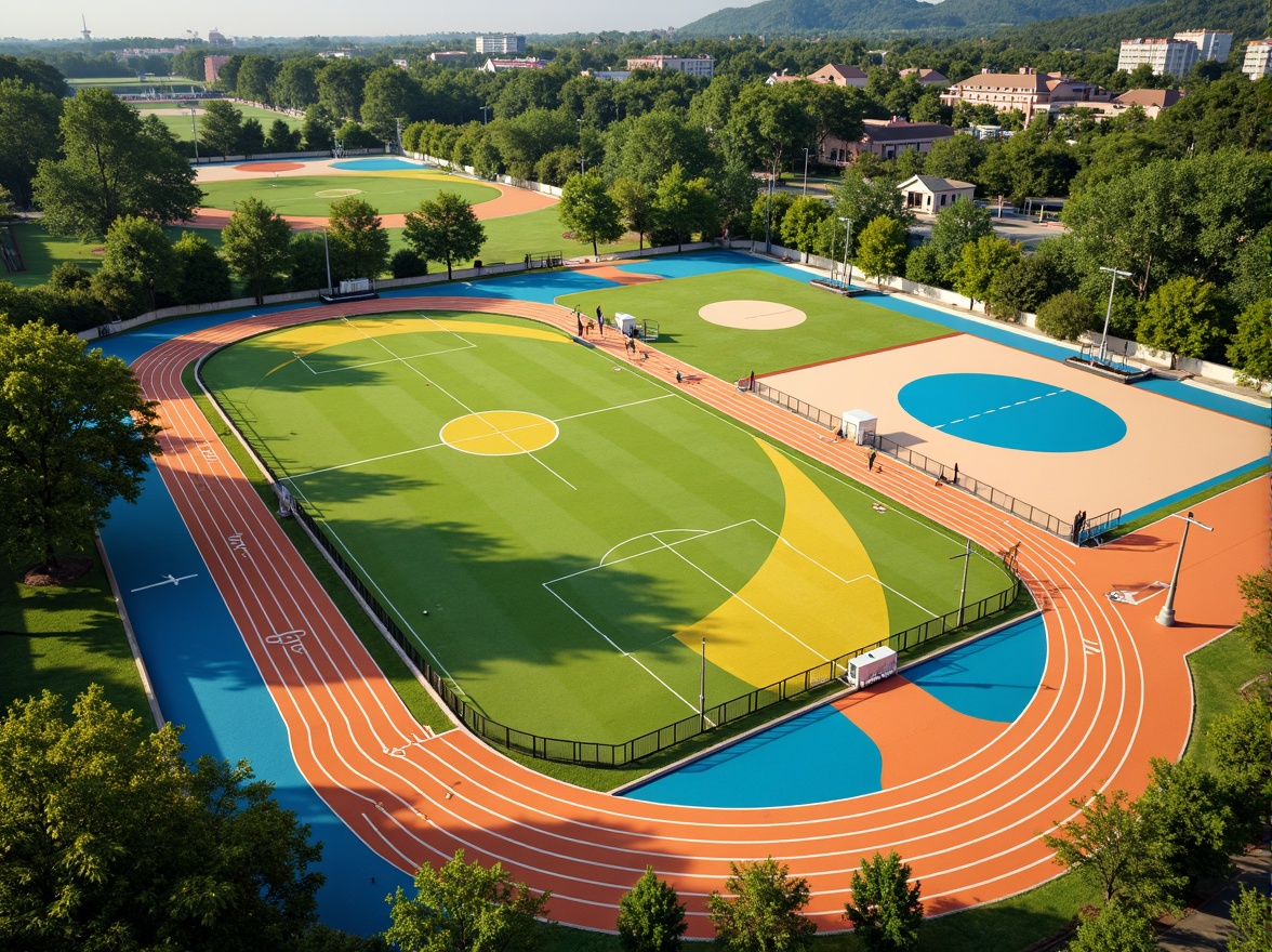 Prompt: Vibrant sports fields, eclectic color palette, bold stripes, bright yellows, deep blues, energetic oranges, lime greens, dynamic patterns, abstract shapes, modern athletic facilities, sleek track lanes, professional soccer goals, basketball courts, tennis nets, baseball diamonds, lush green grass, natural earth tones, sunny day, dramatic shadows, high-contrast lighting, shallow depth of field, 1/2 composition, realistic textures, ambient occlusion.