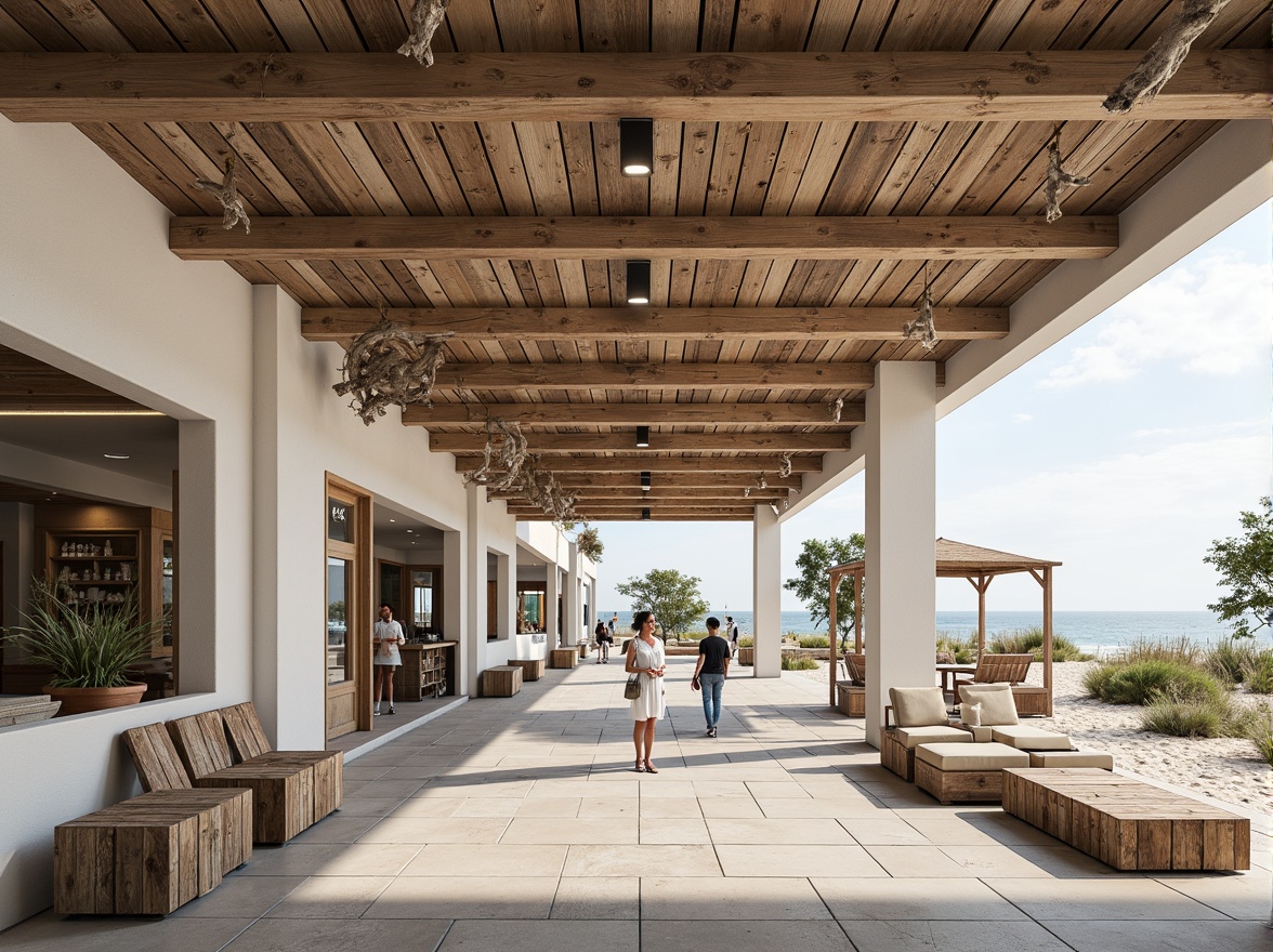 Prompt: Sleek coastal shopping center, minimalist architecture, clean lines, neutral tones, weathered wood accents, driftwood decorations, sea salt air, ocean views, sandy dunes, beachy vibe, natural stone flooring, reclaimed wood benches, nautical ropes, subtle lighting, soft ocean breeze, shallow depth of field, 1/1 composition, panoramic view, realistic textures, ambient occlusion.