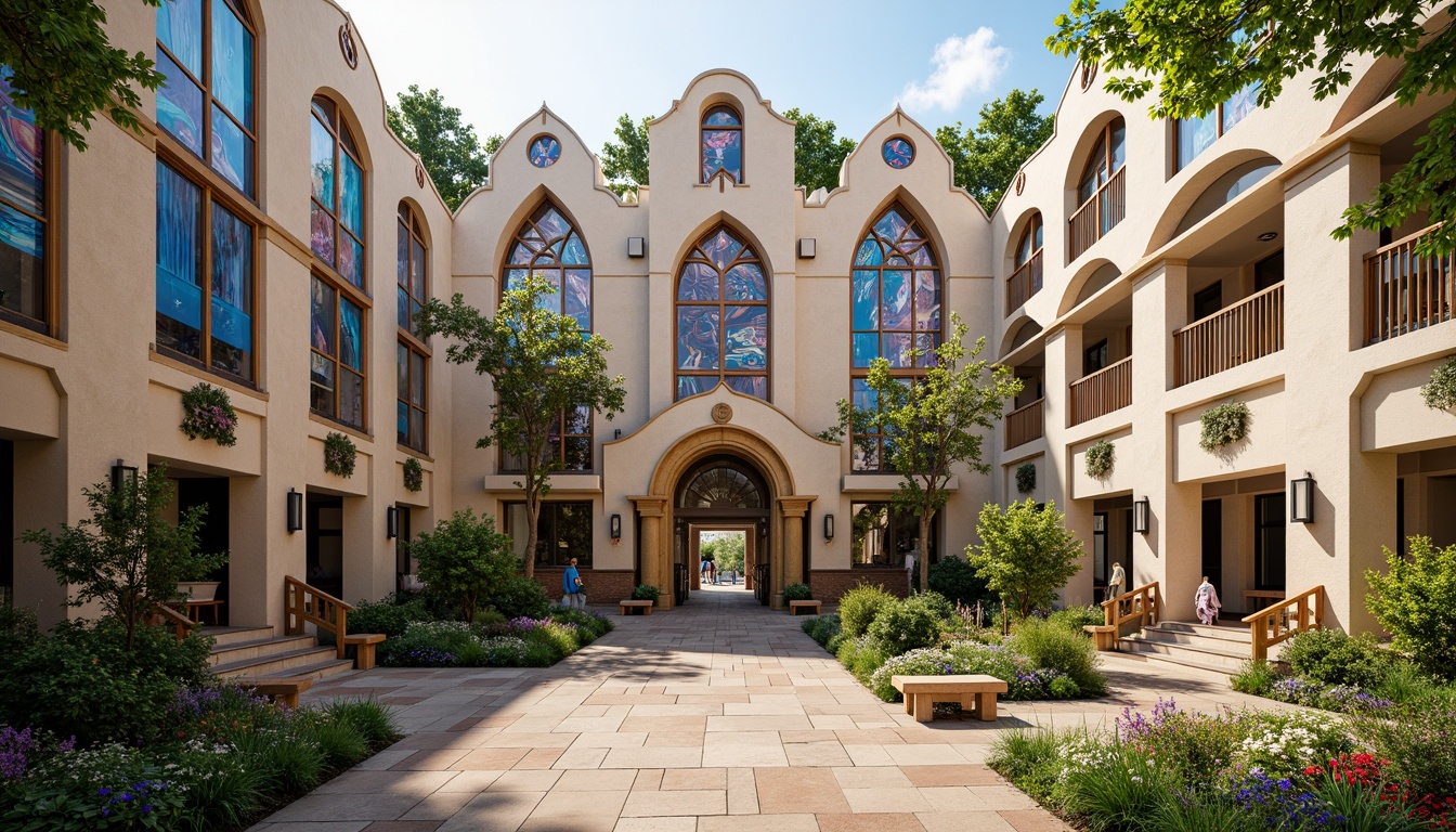 Prompt: Ornate elementary school building, flowing organic lines, sinuous curves, vibrant colorful tiles, stained glass windows, intricate metalwork, ornamental railings, grand entrance archways, lush greenery, blooming flowers, natural stone walls, warm beige brick facades, decorative ceramic accents, playful sculptures, whimsical murals, soft warm lighting, shallow depth of field, 3/4 composition, panoramic view, realistic textures, ambient occlusion.