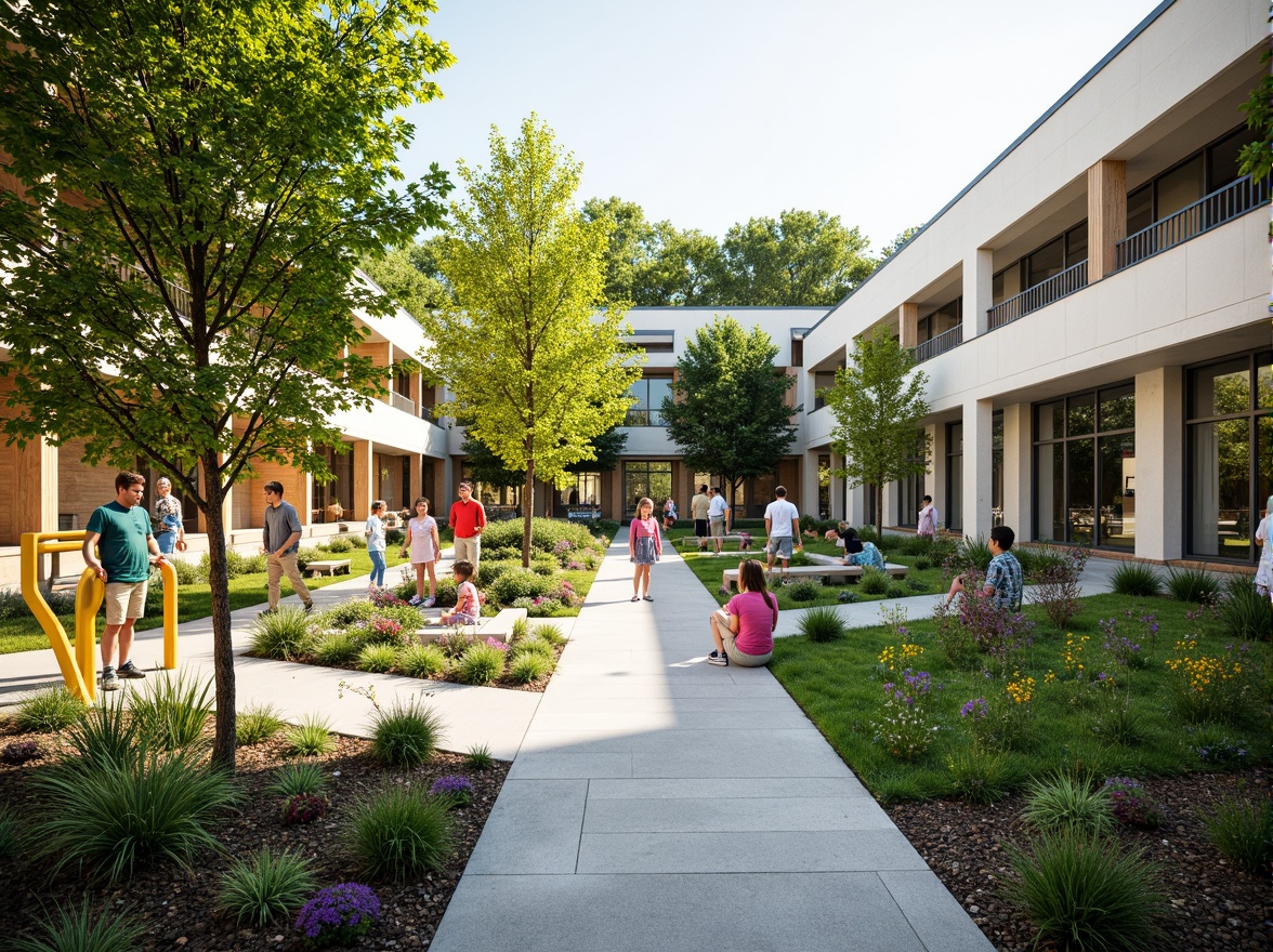 Prompt: Vibrant schoolyard, lush greenery, blooming flowers, playground equipment, climbing frames, slides, swings, benches, educational signs, natural stone walkways, modern architecture, large windows, glass doors, integrated landscape design, outdoor classrooms, rain gardens, bioswales, native plant species, habitat restoration, eco-friendly materials, sustainable water management systems, shaded outdoor spaces, misting systems, soft warm lighting, shallow depth of field, 3/4 composition, panoramic view, realistic textures, ambient occlusion.