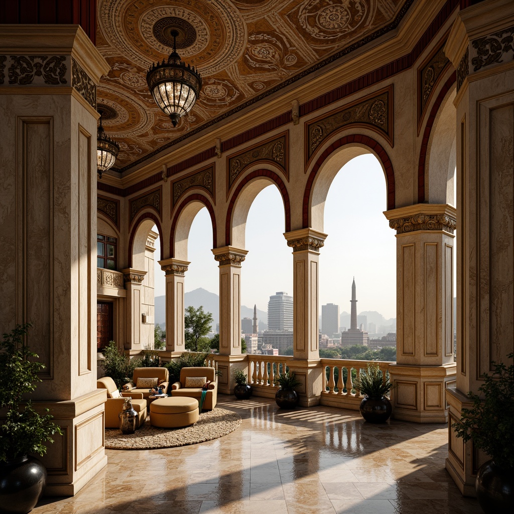 Prompt: Intricate arches, ornate columns, Byzantine-inspired architecture, luxurious apartment complex, grand entrance hall, high ceilings, marble floors, ornamental chandeliers, lavish furnishings, rich textiles, warm golden lighting, shallow depth of field, 1/1 composition, realistic textures, ambient occlusion, urban cityscape, bustling streets, modern amenities, rooftop gardens, panoramic views.