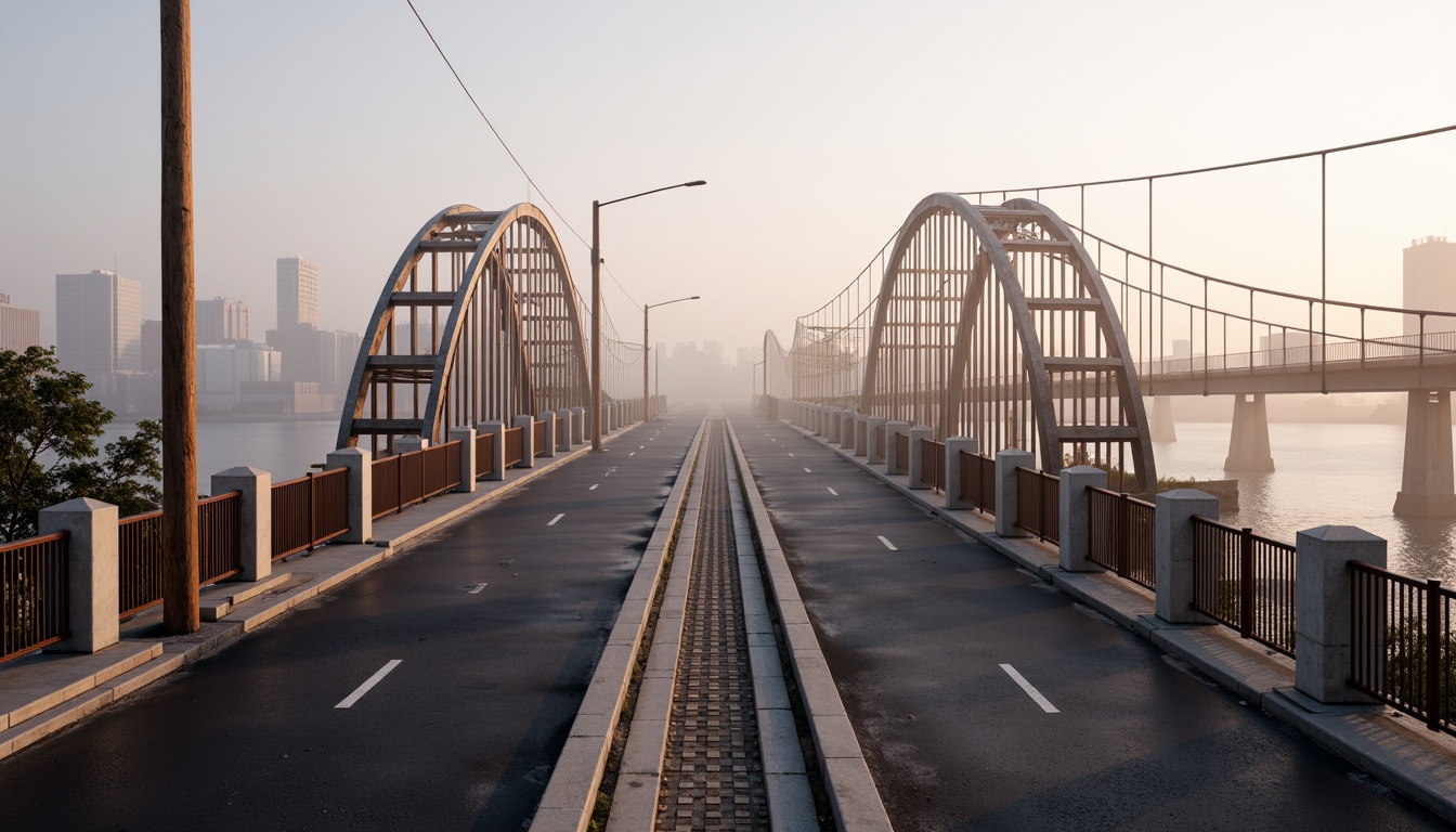 Prompt: Rustic vehicular bridge, steel arches, suspension cables, concrete piers, asphalt roadways, metallic railings, urban cityscape, misty morning fog, soft warm lighting, shallow depth of field, 1/1 composition, realistic textures, ambient occlusion, structural beams, load-bearing columns, reinforced concrete foundations, drainage systems, waterproof coatings, anti-corrosion treatments, safety barriers, pedestrian walkways, scenic overlooks.