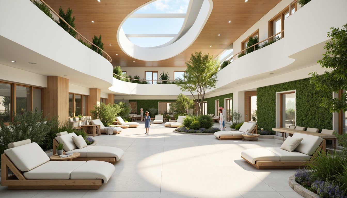 Prompt: Soothing healthcare facility, calming atmosphere, gentle curves, natural wood accents, soft pastel colors, creamy whites, pale blues, muted greens, warm beige tones, comforting textiles, plush furnishings, serene water features, lush green walls, abundant natural light, subtle gradient effects, shallow depth of field, 1/1 composition, realistic reflections, ambient occlusion.