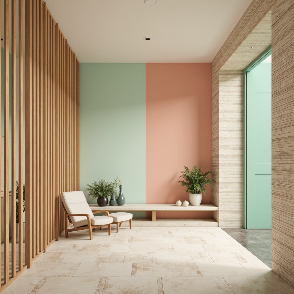 Prompt: Vibrant pastel hues, soft peach tones, calming mint greens, creamy whites, warm beige accents, rich wood textures, natural stone patterns, elegant metallic finishes, subtle gradient effects, atmospheric lighting, shallow depth of field, 2/3 composition, realistic renderings, ambient occlusion.