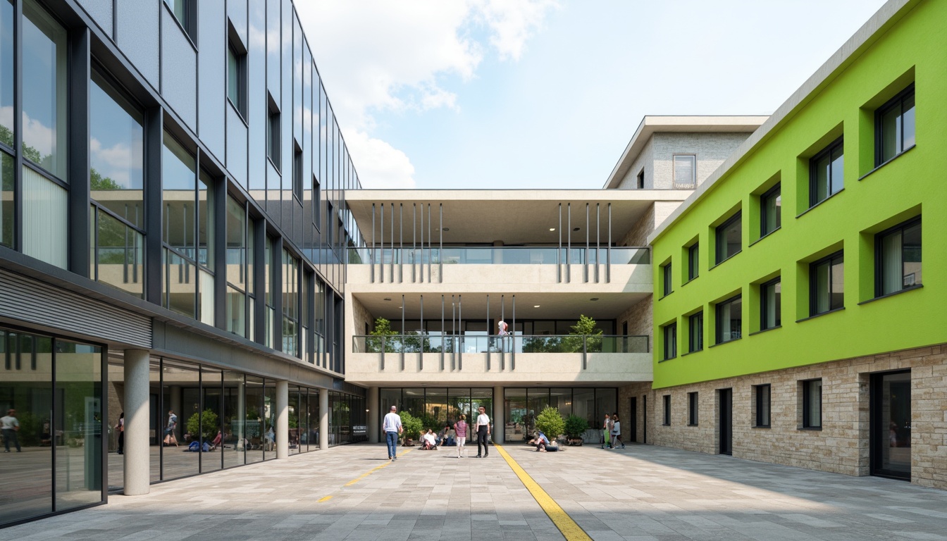 Prompt: Modern high school facade, clean lines, minimalist aesthetic, large glass windows, metal frames, cantilevered roofs, open courtyard, vibrant green walls, educational signage, sleek handrails, polished concrete floors, natural stone cladding, abstract geometric patterns, bold color accents, dynamic shading, 1/1 composition, softbox lighting, realistic reflections, ambient occlusion.