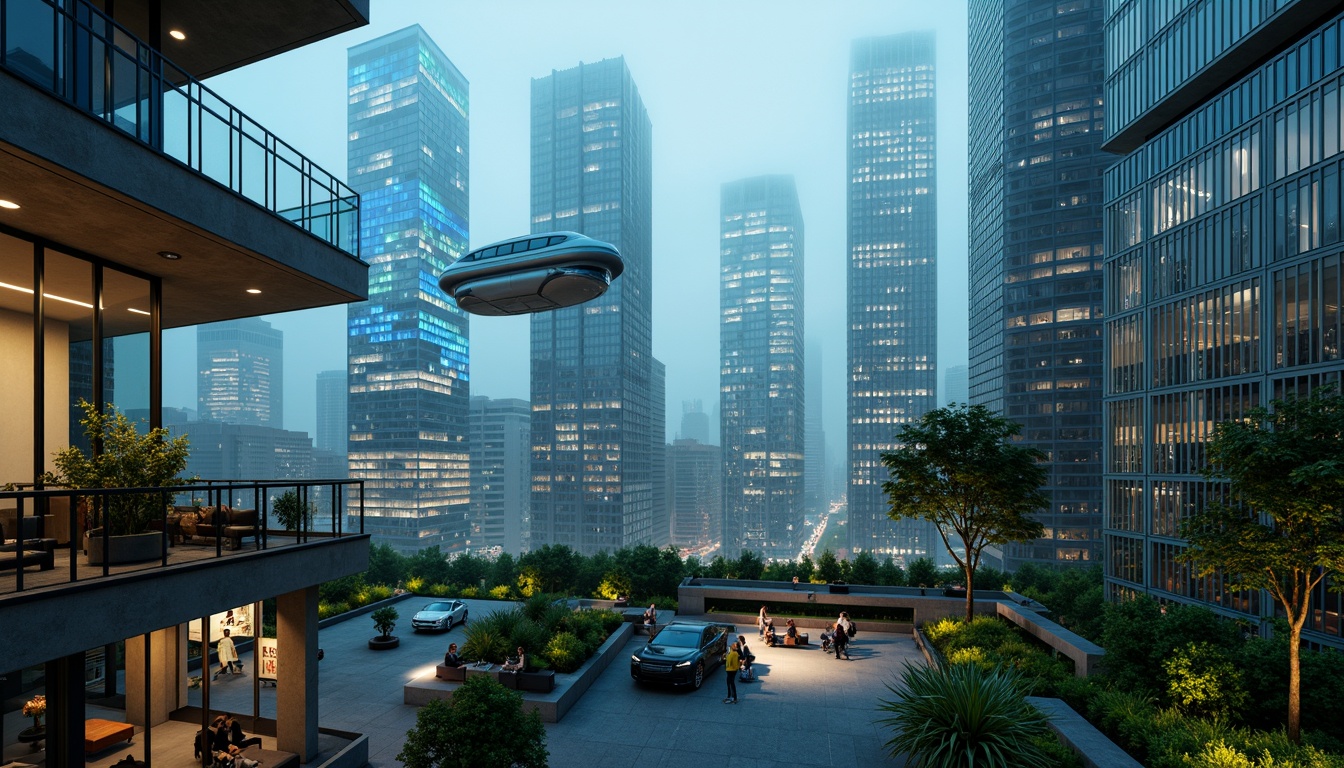 Prompt: Futuristic cityscape, neon-lit skyscrapers, holographic advertisements, levitating transportation pods, curved metallic buildings, iridescent glass facades, angular rooftops, verdant green walls, hydroponic gardens, misty atmospheric effects, soft blue ambient lighting, shallow depth of field, 1/1 composition, panoramic view, realistic reflections, ambient occlusion, sleek modern furniture, minimalist decor, futuristic gadgets, virtual reality interfaces, augmented reality displays.