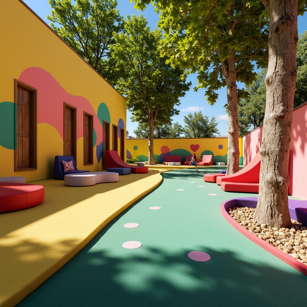 Prompt: Vibrant playground, bright color accents, whimsical murals, playful furniture, soft cushions, rounded shapes, natural wood textures, bold geometric patterns, sunny day, warm lighting, shallow depth of field, 1/1 composition, realistic renderings, ambient occlusion.