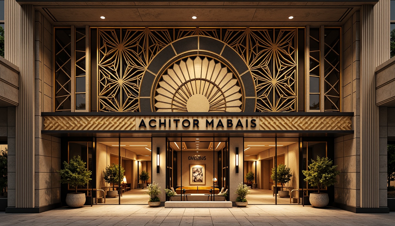 Prompt: Geometric Art Deco facade, ornate metalwork, zigzag patterns, chevron motifs, luxurious materials, polished marble, chrome accents, symmetrical composition, grand entrance, ornamental doors, stylized typography, vintage industrial elements, exposed ductwork, metallic latticework, sunburst designs, bold color schemes, warm golden lighting, shallow depth of field, 1/1 composition, realistic textures, ambient occlusion.