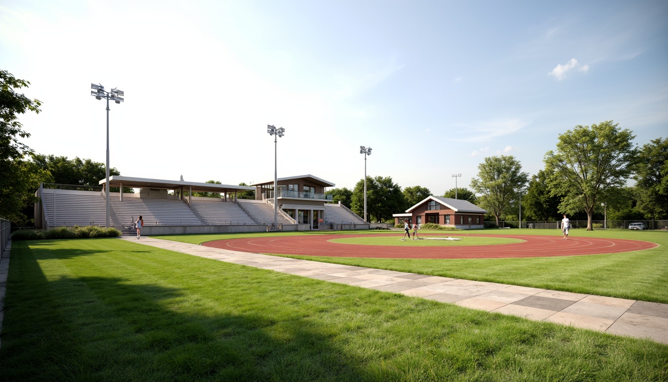 Prompt: Simple athletic track, lush green grass, minimalist bleachers, modern sports equipment, sleek metal fences, clean lines, open spaces, natural stone pathways, subtle lighting, shallow depth of field, 3/4 composition, panoramic view, realistic textures, ambient occlusion, serene atmosphere, warm sunny day, gentle breeze, sparse trees, geometric shapes, functional design, eco-friendly materials.