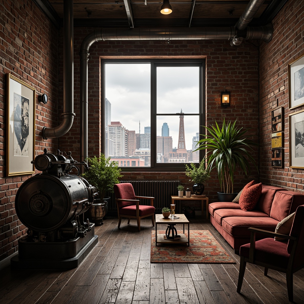 Prompt: Vintage industrial machinery, distressed brick walls, reclaimed wood accents, metal beams, exposed ductwork, eclectic mix of antique and modern furniture, rich velvet textiles, ornate gold frames, abstract artwork, urban cityscape views, overcast sky, warm softbox lighting, shallow depth of field, 1/2 composition, cinematic atmosphere, realistic wear and tear, subtle color grading.