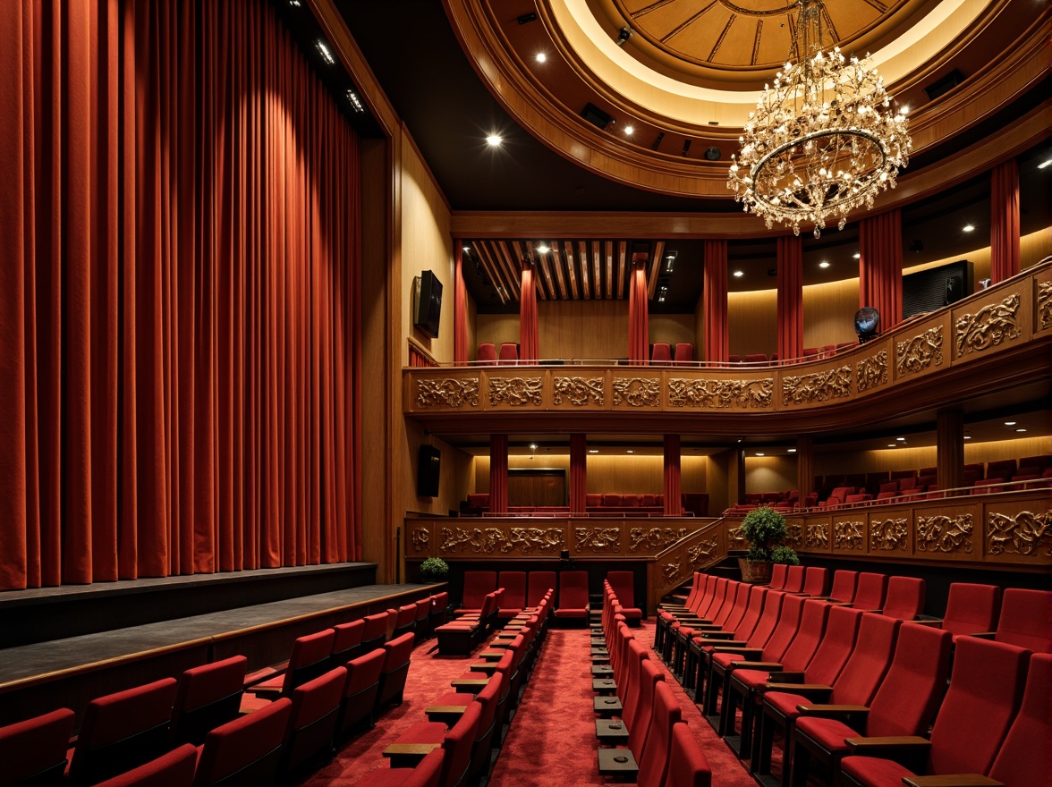 Prompt: Luxurious auditorium interior, rich velvet curtains, warm golden lighting, dark wood accents, plush red seats, ornate metal details, grand chandeliers, sophisticated sound systems, acoustic panels, dramatic spotlights, soft carpeting, elegant staircases, refined architectural lines, subtle texture contrasts, atmospheric ambiance, 1/2 composition, cinematic lighting, realistic reflections.