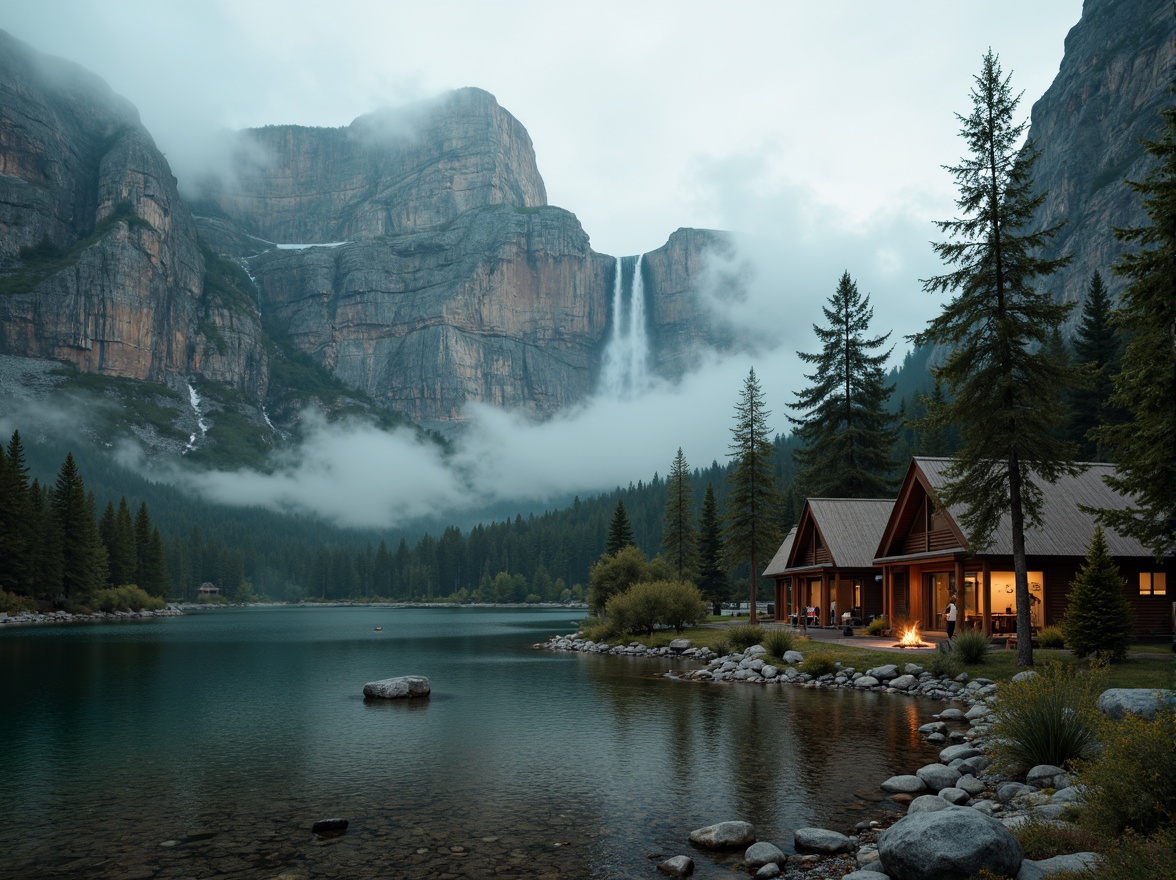 Prompt: Majestic mountain peaks, rugged rocky formations, misty foggy atmosphere, earthy brown terrain, lush green forests, sparkling waterfalls, serene lakeside, rustic wooden cabins, vintage outdoor gear, warm campfire lighting, soft misty morning, cinematic 2.35