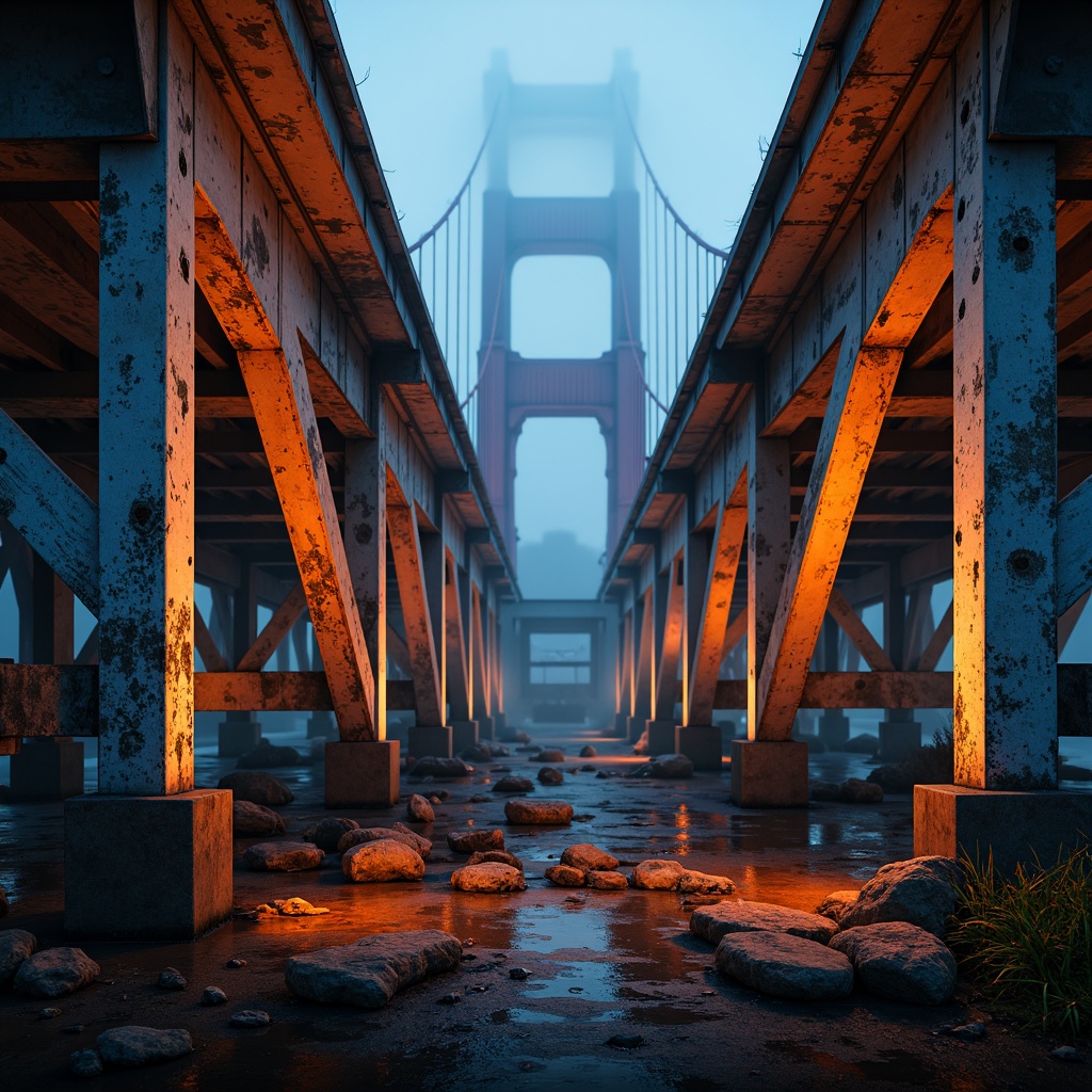 Prompt: Vibrant orange suspension cables, deep blue steel beams, warm golden lighting, misty atmospheric effects, rugged stone piers, dynamic curved lines, bold geometric shapes, distressed metal textures, eerie nighttime ambiance, high-contrast color palette, dramatic shadows, cinematic composition, 1/2 framing, low-key lighting, mysterious foggy atmosphere.