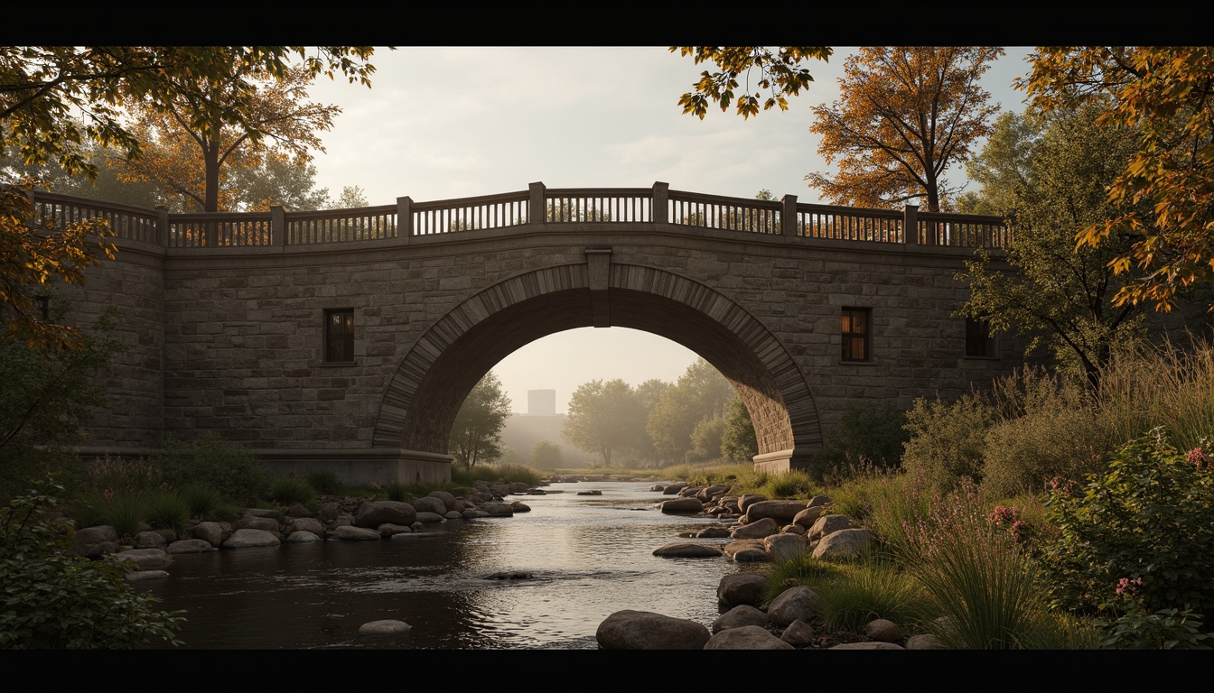 Prompt: Timeless bridge architecture, rustic stone walls, ornate metal railings, weathered wooden accents, earthy brown tones, muted greenery, soft misty atmosphere, warm golden lighting, subtle gradient effects, realistic textures, ambient occlusion, 1/1 composition, symmetrical framing, serene water reflections, gentle river flow, lush vegetation, natural stone piers, classic ornamental details, elegant arches, refined lines, sophisticated simplicity.