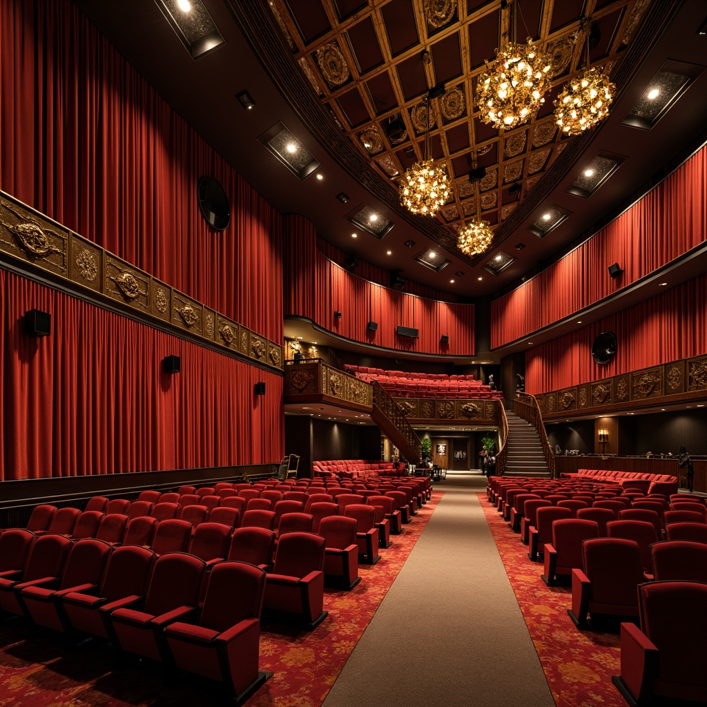 Prompt: Luxurious auditorium interior, rich velvet curtains, warm golden lighting, dark wood accents, plush red seats, ornate metal details, grand chandeliers, sophisticated sound systems, acoustic panels, dramatic spotlights, soft carpeting, elegant staircases, refined architectural lines, subtle texture contrasts, atmospheric ambiance, 1/2 composition, cinematic lighting, realistic reflections.