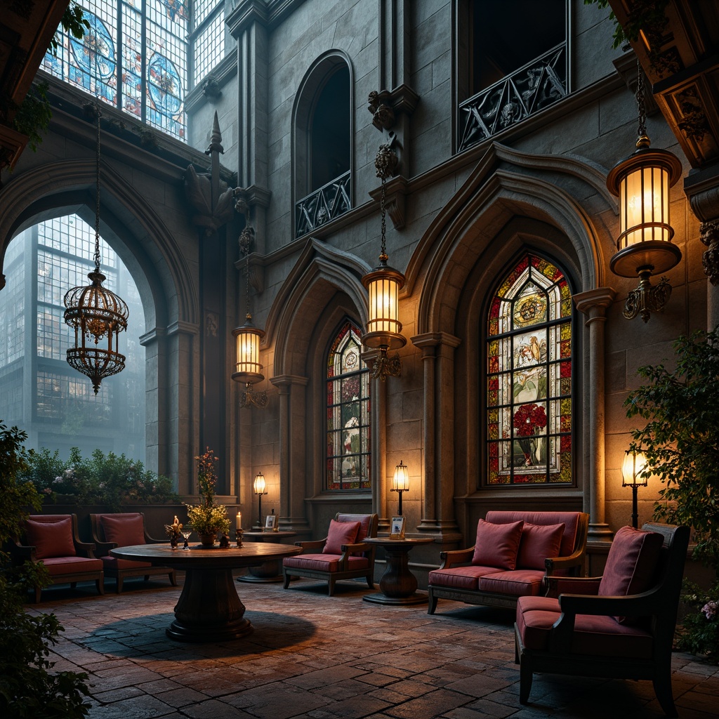 Prompt: Gothic-inspired charging station, ornate metalwork, intricately carved stone walls, mysterious dark wood accents, rich velvet upholstery, grandiose chandeliers, dramatic stained glass windows, mystical lanterns, weathered copper roofs, ancient stone floors, eerie foggy atmosphere, soft warm lighting, shallow depth of field, 1/1 composition, realistic textures, ambient occlusion.