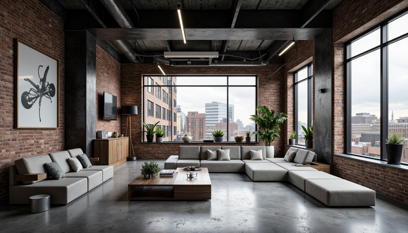 Prompt: Industrial chic loft, exposed brick walls, metal beams, polished concrete floors, sleek modern furniture, minimalist decor, neutral color palette, monochromatic tones, metallic accents, LED lighting, futuristic ambiance, high-tech gadgets, urban cityscape views, cloudy day, soft diffused light, shallow depth of field, 1/1 composition, realistic textures, ambient occlusion.