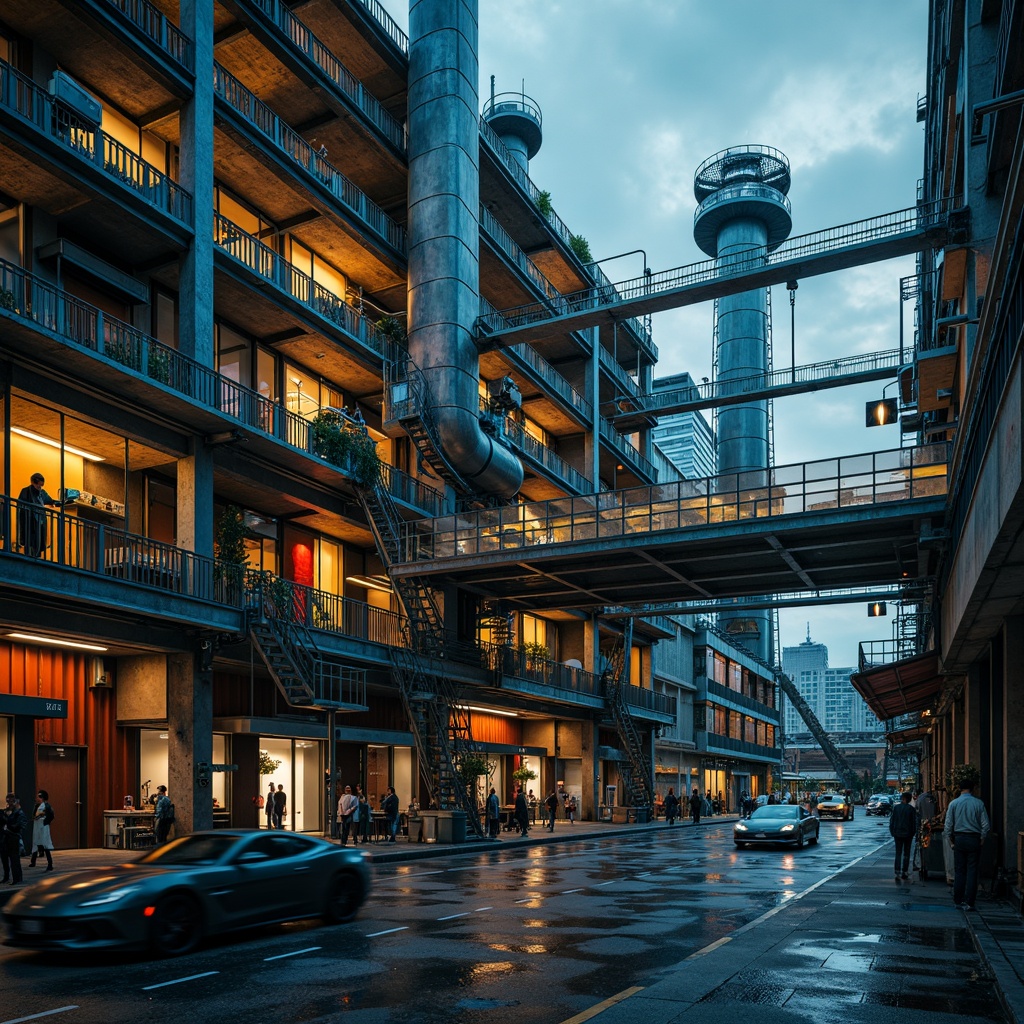 Prompt: Industrial energy plant, deconstructivist architecture, exposed steel beams, rusted metal pipes, concrete foundations, neon-lit control rooms, futuristic machinery, vibrant orange accents, deep blue tones, metallic silver hues, bold yellow highlights, distressed textures, urban cityscape, cloudy grey skies, dramatic lighting, high contrast shadows, 1/2 composition, cinematic atmosphere, realistic reflections, ambient occlusion.