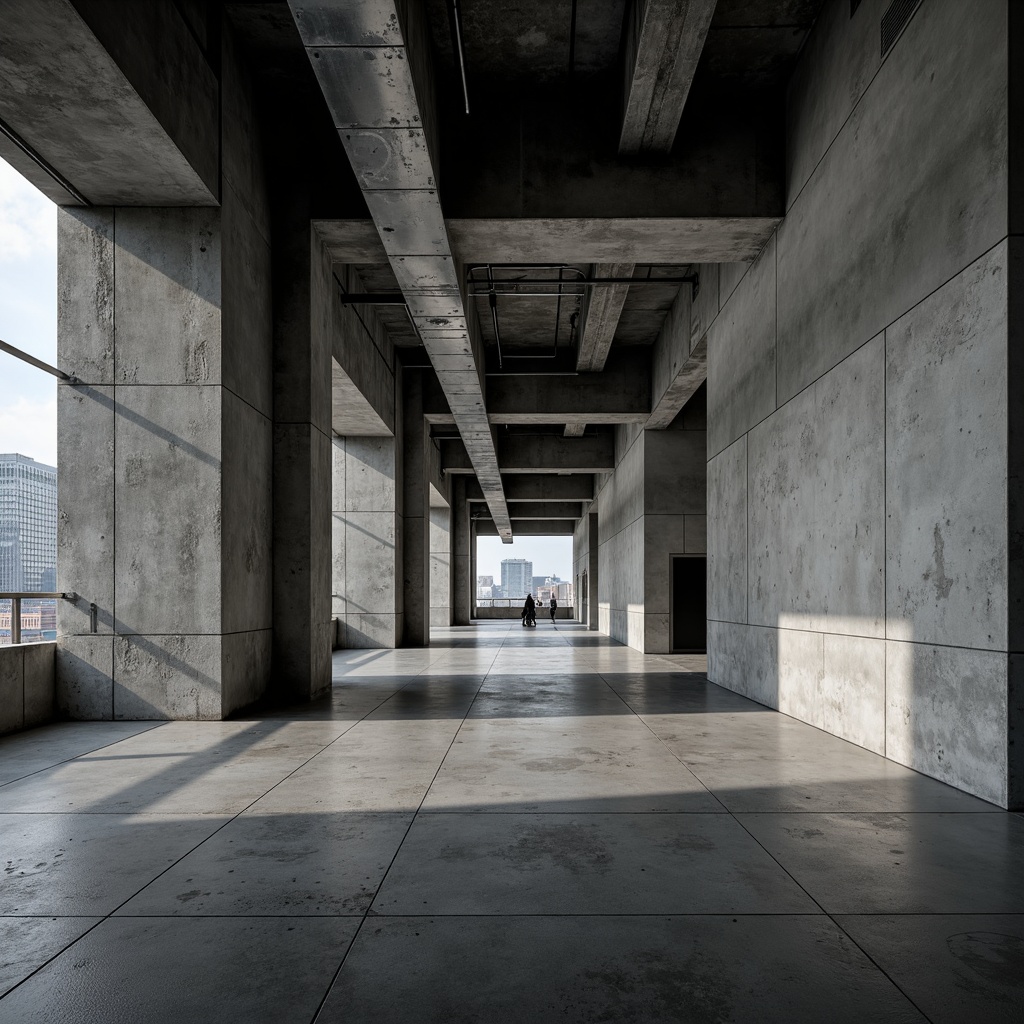 Prompt: Industrial concrete walls, exposed ductwork, metallic beams, urban cityscape, modern brutalist architecture, raw unfinished surfaces, monochromatic color palette, dramatic shadows, high-contrast lighting, abstract geometric patterns, rough tactile textures, poured concrete floors, minimalist decor, functional simplicity, utilitarian aesthetic, cold atmospheric ambiance, cinematic composition, low-angle shot, gritty realistic rendering.