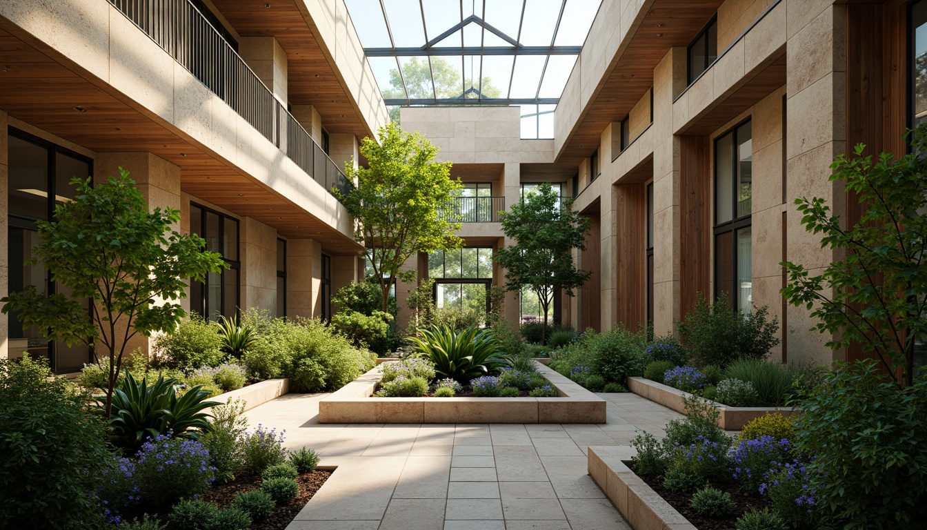 Prompt: Vibrant atrium, lush greenery, natural stone walls, wooden accents, clerestory windows, skylights, solar tubes, reflective surfaces, minimalist decor, open floor plans, airy spaces, soft warm lighting, gentle shadows, 1/1 composition, shallow depth of field, realistic textures, ambient occlusion, morning light, afternoon sunbeams, evening twilight, subtle color palette.