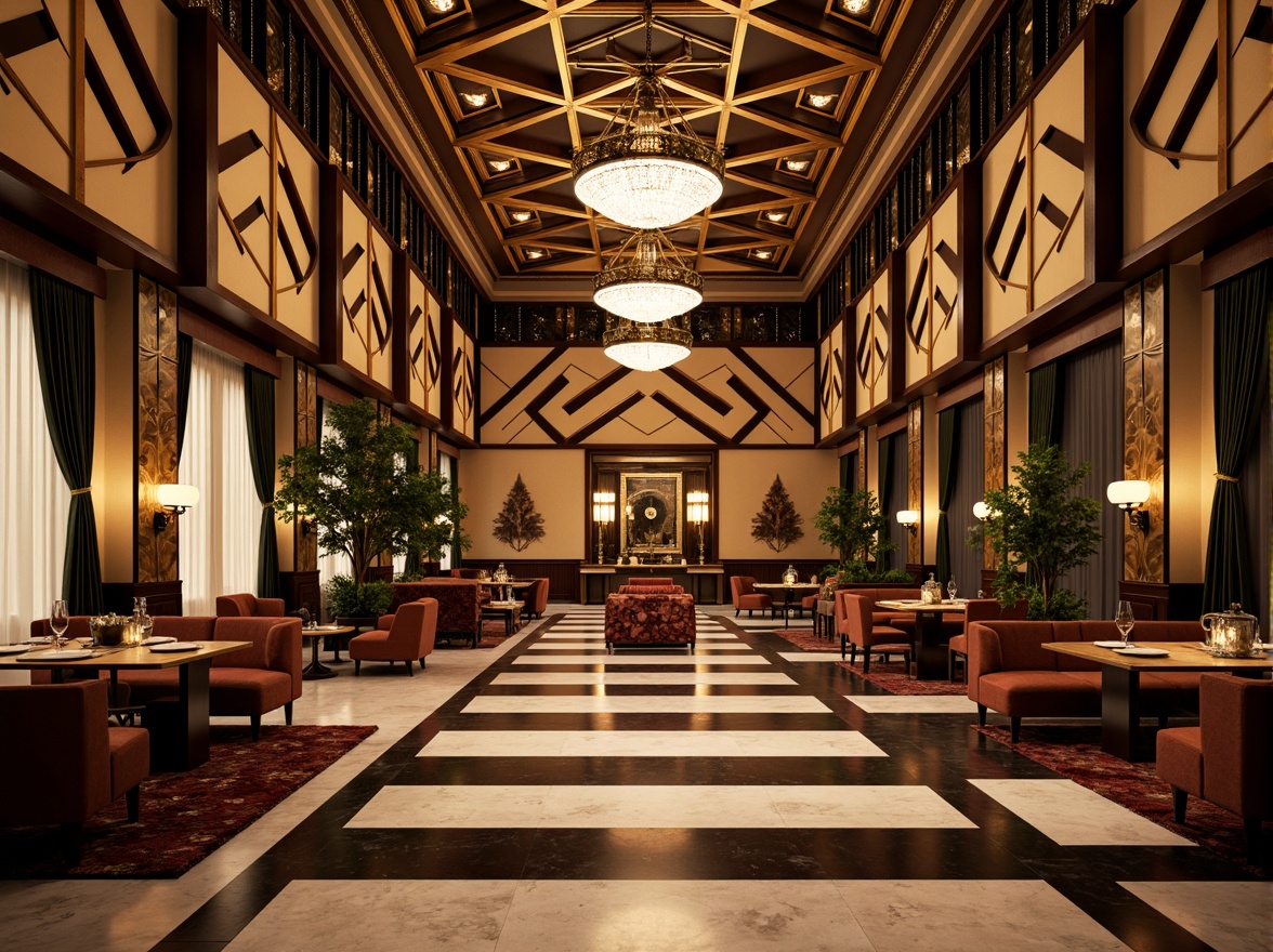 Prompt: Luxurious art deco interior, ornate geometric shapes, metallic accents, bold chevron patterns, zigzag motifs, sunburst designs, stylized florals, opulent materials, velvet drapes, marble floors, crystal chandeliers, lavish furnishings, rich jewel tones, warm golden lighting, high-contrast shadows, dramatic perspective, 1/2 composition, cinematic atmosphere, intricate textures, subtle reflections.