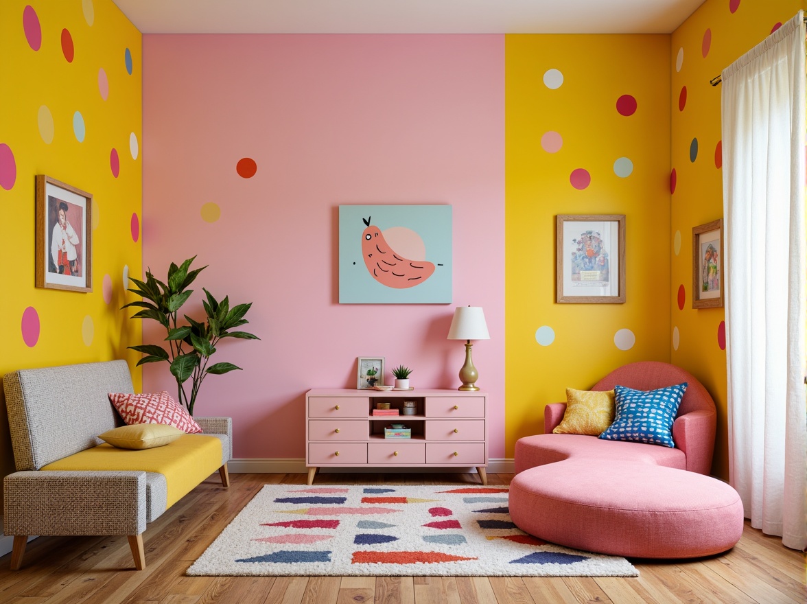 Prompt: Vibrant playroom, whimsical color accents, bold polka dots, bright yellow walls, soft pink furniture, playful geometric patterns, textured carpets, natural wood floors, modern minimalist decor, cozy reading nooks, oversized pillows, fun abstract artwork, eclectic decorative objects, warm task lighting, shallow depth of field, 1/1 composition, realistic textures, ambient occlusion.