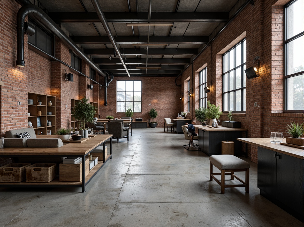 Prompt: Industrial factory setting, exposed brick walls, metal beams, concrete floors, minimalist decor, functional machinery, textured surfaces, distressed wood accents, industrial lighting fixtures, urban atmosphere, cloudy day, soft diffused lighting, shallow depth of field, 1/1 composition, realistic materials, ambient occlusion.