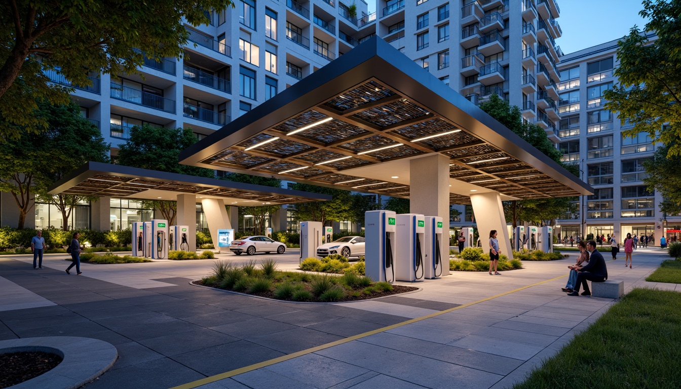 Prompt: Electric vehicle charging station, modern minimalist design, sleek metal canopies, solar panels, green roofs, eco-friendly materials, innovative cooling systems, shaded outdoor spaces, misting systems, vibrant colorful accents, intricate geometric patterns, urban cityscape, busy streets, pedestrian walkways, bike lanes, streetlights, nighttime ambiance, soft warm lighting, shallow depth of field, 3/4 composition, panoramic view, realistic textures, ambient occlusion.