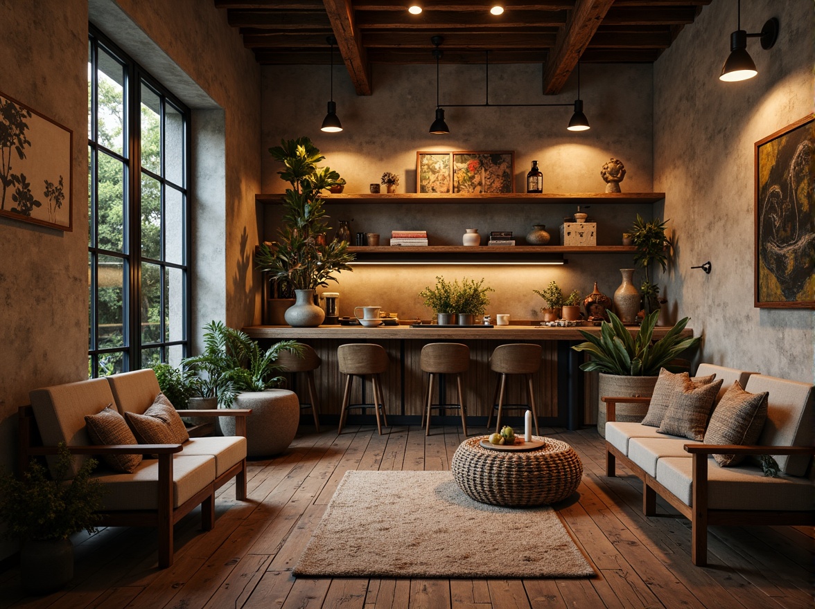 Prompt: Weathered wooden planks, rusty metal accents, distressed concrete walls, reclaimed wood furniture, earthy color palette, natural textiles, woven baskets, vintage decorative items, cozy ambient lighting, soft warm glow, shallow depth of field, 3/4 composition, realistic textures, ambient occlusion.