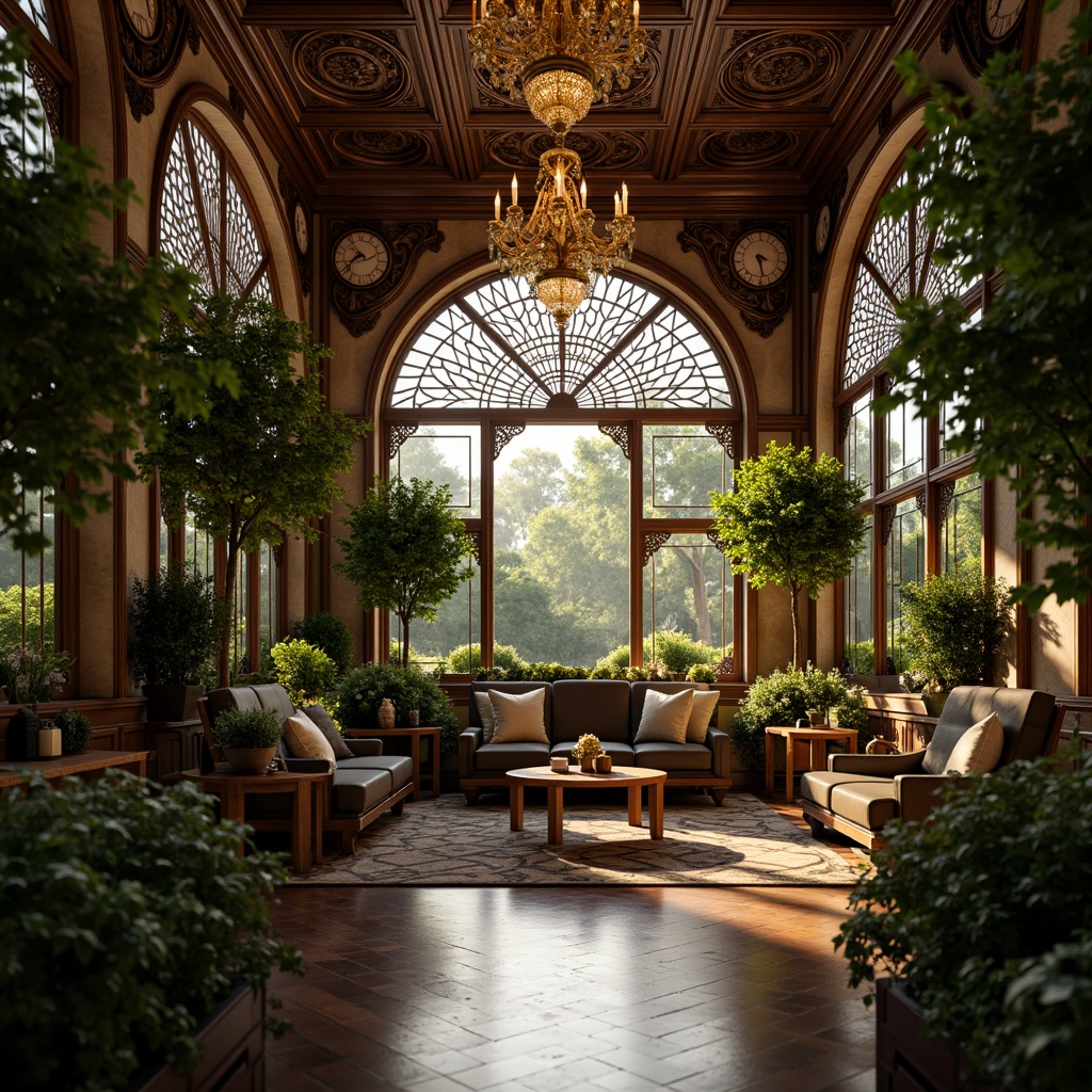 Prompt: Intricate ironwork, lush greenery, ornate wooden accents, grandiose chandeliers, lavish furnishings, velvet drapes, gilded frames, intricate stone carvings, curved lines, ornamental patterns, rich textiles, warm golden lighting, soft focus, shallow depth of field, 1/1 composition, intimate atmosphere, realistic reflections, ambient occlusion.