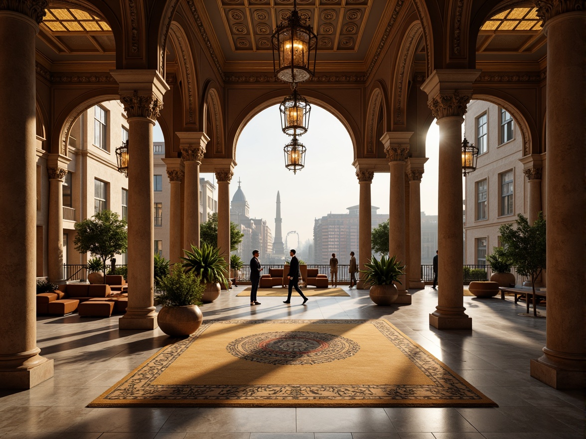 Prompt: Intricate arches, ornate columns, Byzantine-inspired architecture, luxurious apartment complex, grand entrance hall, high ceilings, marble floors, ornamental chandeliers, lavish furnishings, rich textiles, warm golden lighting, shallow depth of field, 1/1 composition, realistic textures, ambient occlusion, urban cityscape, bustling streets, modern amenities, rooftop gardens, panoramic views.