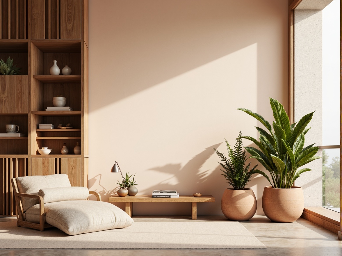 Prompt: Soft peach tones, creamy whites, warm beige accents, rich walnut wood, subtle gold metallic hints, delicate linen textures, natural stone backgrounds, earthy terracotta pots, lush green foliage, misty morning light, shallow depth of field, 1/2 composition, realistic renderings, ambient occlusion.