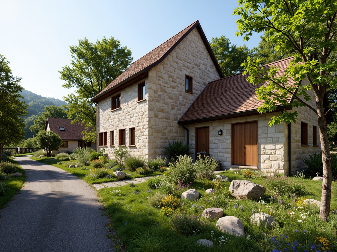 Prompt: Rustic rural cottage, natural stone walls, wooden shutters, earthy color palette, pitched roof, overhanging eaves, lush greenery, blooming wildflowers, winding country roads, serene countryside, warm sunny day, soft diffused lighting, shallow depth of field, 1/2 composition, intimate framing, realistic textures, ambient occlusion.