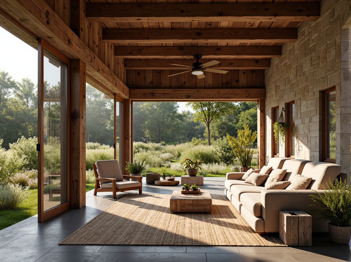 Prompt: Rustic barn, reclaimed wood accents, vintage farm tools, natural stone walls, earthy color palette, exposed wooden beams, large windows, sliding glass doors, lush greenery, wildflowers, sunny day, soft warm lighting, shallow depth of field, 3/4 composition, panoramic view, realistic textures, ambient occlusion, open floor plan, minimal ornamentation, distressed metal decor, woven textiles, natural fabrics, cozy nooks, plush furnishings, rustic-chic atmosphere.