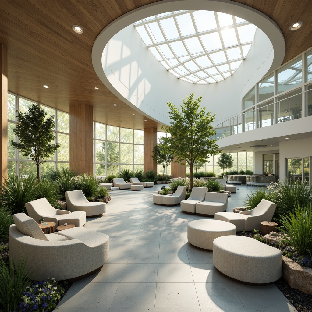 Prompt: Soothing healthcare facility, calming atmosphere, gentle curves, natural materials, earthy tones, muted greens, blues and whites, warm beige accents, soft pastel hues, comforting lighting, subtle texture overlays, organic shapes, serene botanical elements, peaceful water features, minimalist decor, airy open spaces, abundant natural light, shallow depth of field, 1/1 composition, realistic renderings, ambient occlusion.