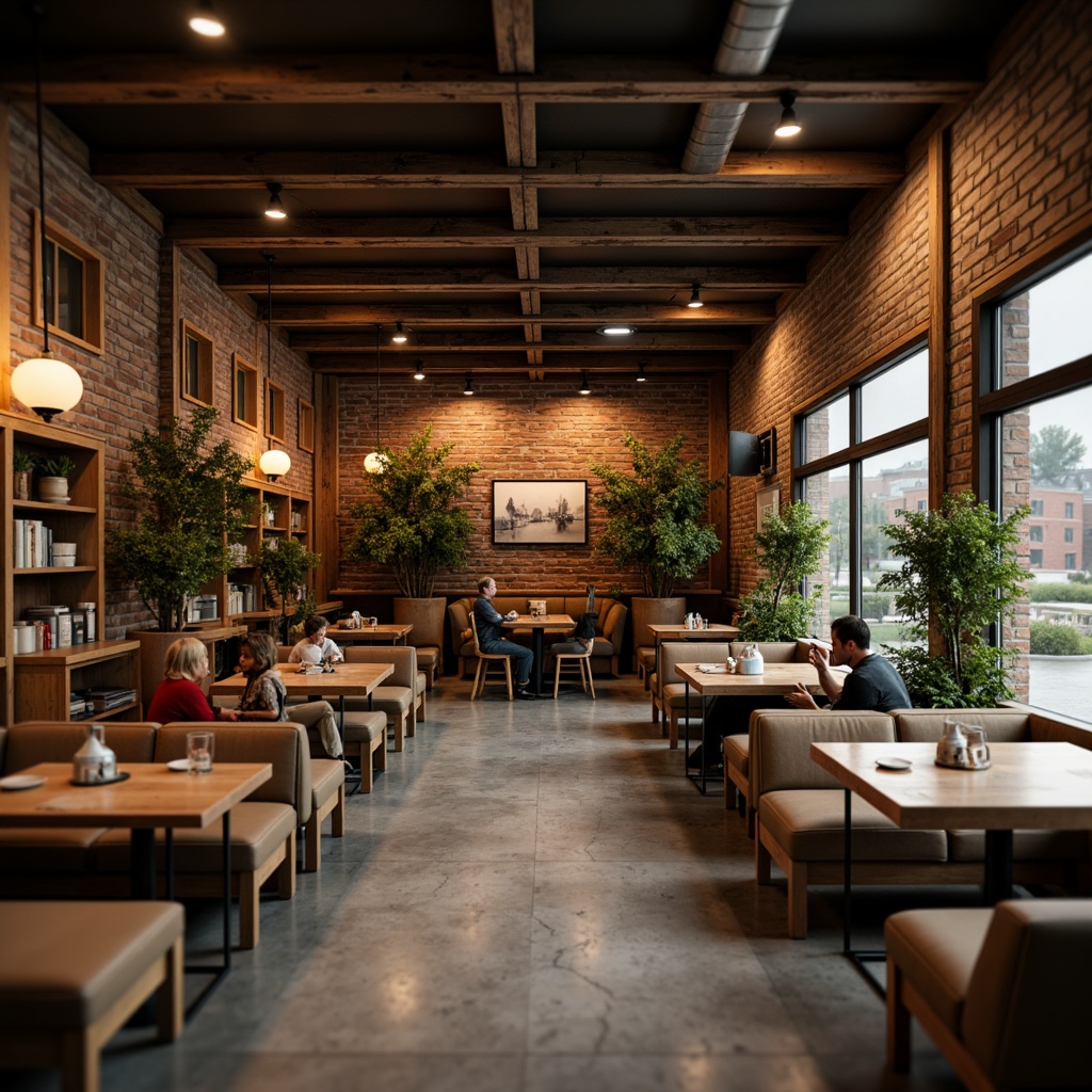 Prompt: Cozy coffee shop, reclaimed wood accents, exposed brick walls, polished concrete floors, industrial metal beams, warm pendant lighting, comfortable sofas, rustic wooden tables, vintage decorative items, lush greenery, natural stone countertops, earthy color palette, soft warm ambiance, shallow depth of field, 1/1 composition, realistic textures, ambient occlusion.