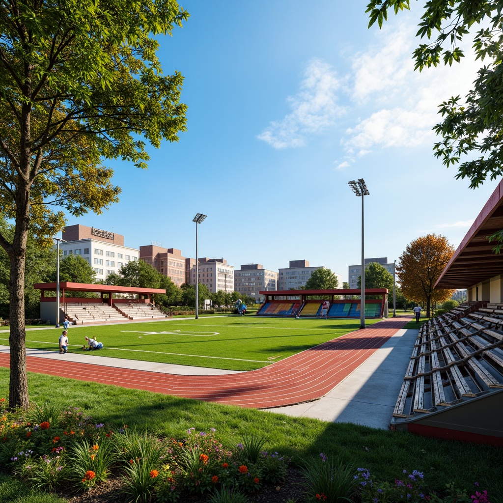 Prompt: Vibrant sports fields, eclectic mix of materials, contrasting textures, artificial turf, natural grass, weathered wood bleachers, metallic goalposts, colorful rubber tracks, bold graphic patterns, dynamic lighting, dramatic shadows, 1/1 composition, low-angle shot, realistic render, ambient occlusion, sunny day, soft warm atmosphere.