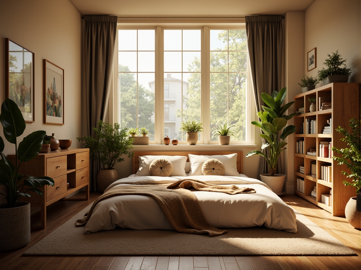 Prompt: Cozy dorm room, large windows, soft natural light, warm beige walls, comfortable bedding, wooden furniture, plants on shelves, gentle morning sunbeams, calming atmosphere, relaxing ambiance, soft shadows, 1/1 composition, shallow depth of field, realistic textures, ambient occlusion.