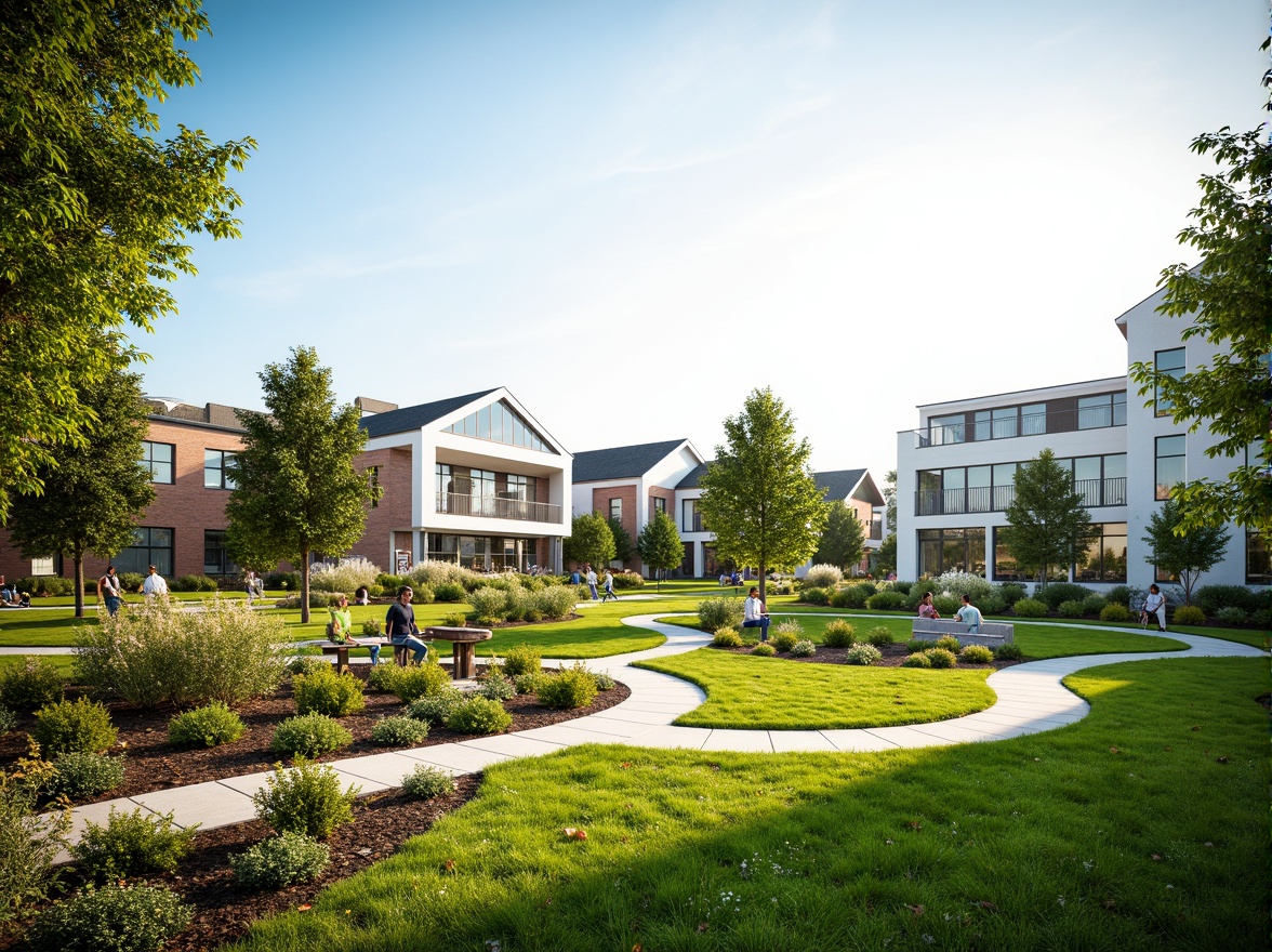 Prompt: Serene suburban landscape, lush green lawns, vibrant flowering shrubs, meandering walkways, modern laboratory buildings, sleek glass facades, minimalist landscaping, native plant species, natural stone accents, wooden benches, educational signage, sunny day, soft warm lighting, shallow depth of field, 3/4 composition, panoramic view, realistic textures, ambient occlusion.