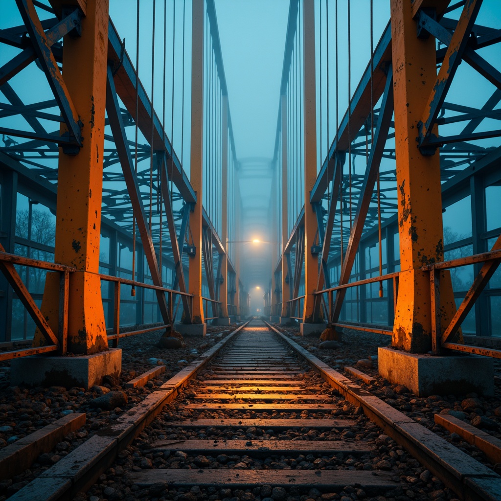 Prompt: Vibrant orange suspension cables, deep blue steel beams, warm golden lighting, misty atmospheric effects, rugged stone piers, dynamic curved lines, bold geometric shapes, distressed metal textures, eerie nighttime ambiance, high-contrast color palette, dramatic shadows, cinematic composition, 1/2 framing, low-key lighting, mysterious foggy atmosphere.