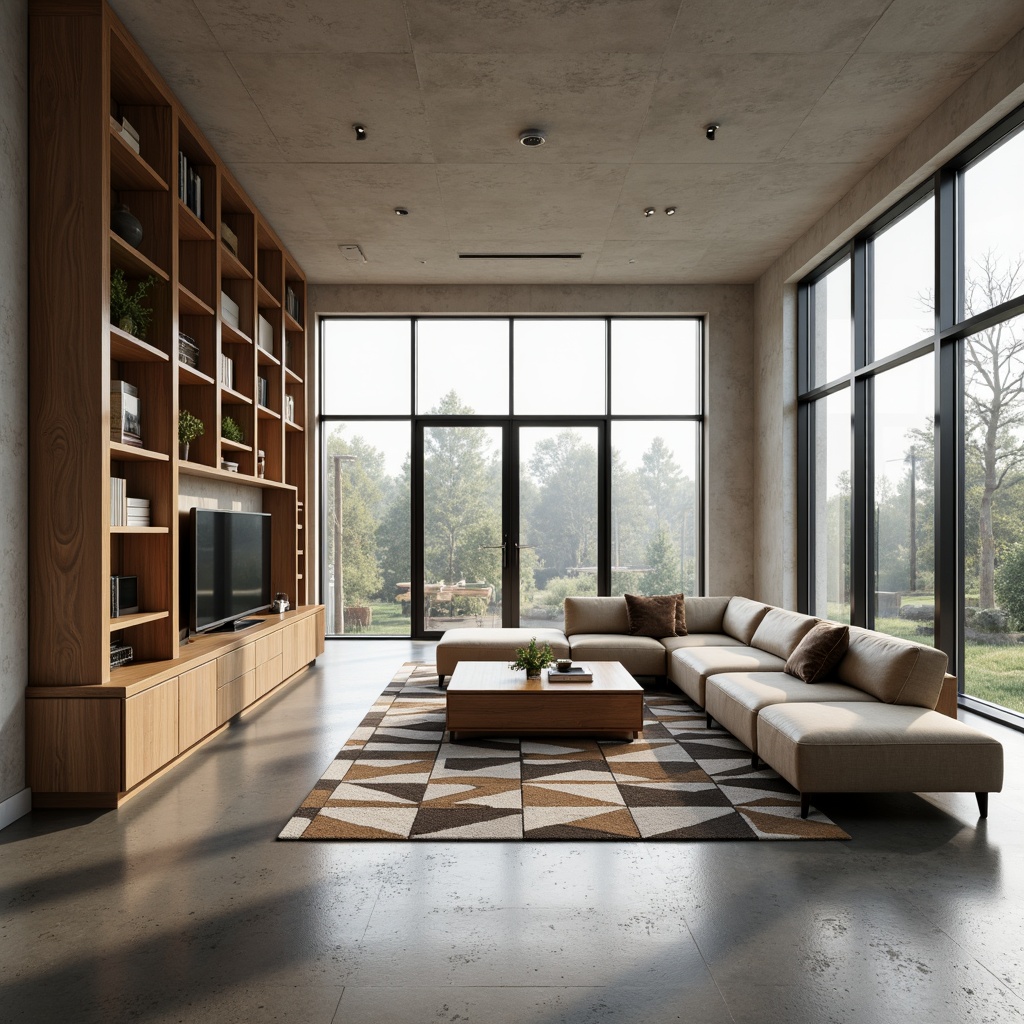 Prompt: Modern minimalist living room, sleek low-profile furniture, neutral color palette, polished concrete floors, floor-to-ceiling windows, natural light pouring in, functional storage units, multi-functional coffee table, comfortable sectional sofa, geometric patterned rug, ambient warm lighting, 1/1 composition, shallow depth of field, realistic textures.