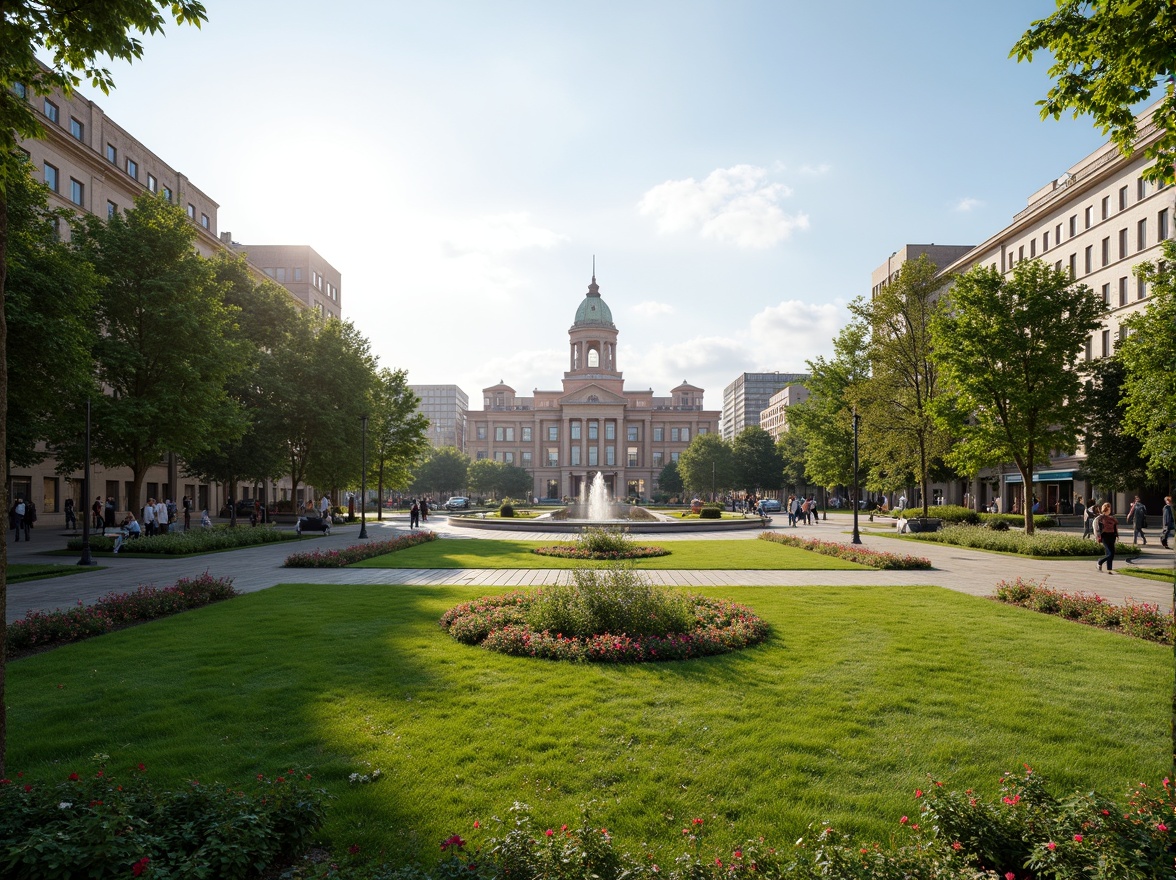 Prompt: Majestic government building, grand entrance plaza, lush green lawns, vibrant flower beds, ornamental trees, walking paths, benches, modern streetlights, urban landscape, bustling city life, morning sunlight, soft warm lighting, shallow depth of field, 3/4 composition, panoramic view, realistic textures, ambient occlusion.