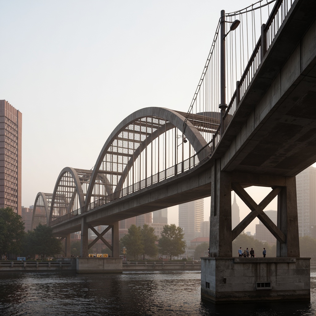 Prompt: Rustic vehicular bridge, steel arches, suspension cables, concrete piers, asphalt roadways, metallic railings, urban cityscape, misty morning fog, soft warm lighting, shallow depth of field, 1/1 composition, realistic textures, ambient occlusion, structural beams, load-bearing columns, reinforced concrete foundations, drainage systems, waterproof coatings, anti-corrosion treatments, safety barriers, pedestrian walkways, scenic overlooks.